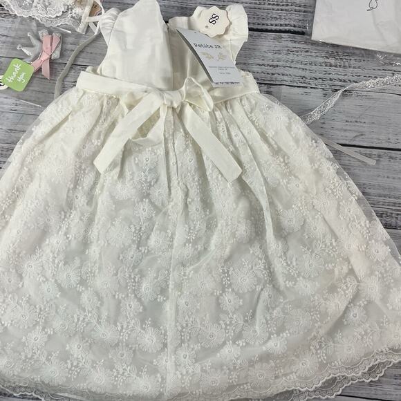 PETITE JR Baby Girl Ivory Lace Dress XS 3-6 mths Bonnet Bow Wedding Dedication 1 - Picture 8 of 13